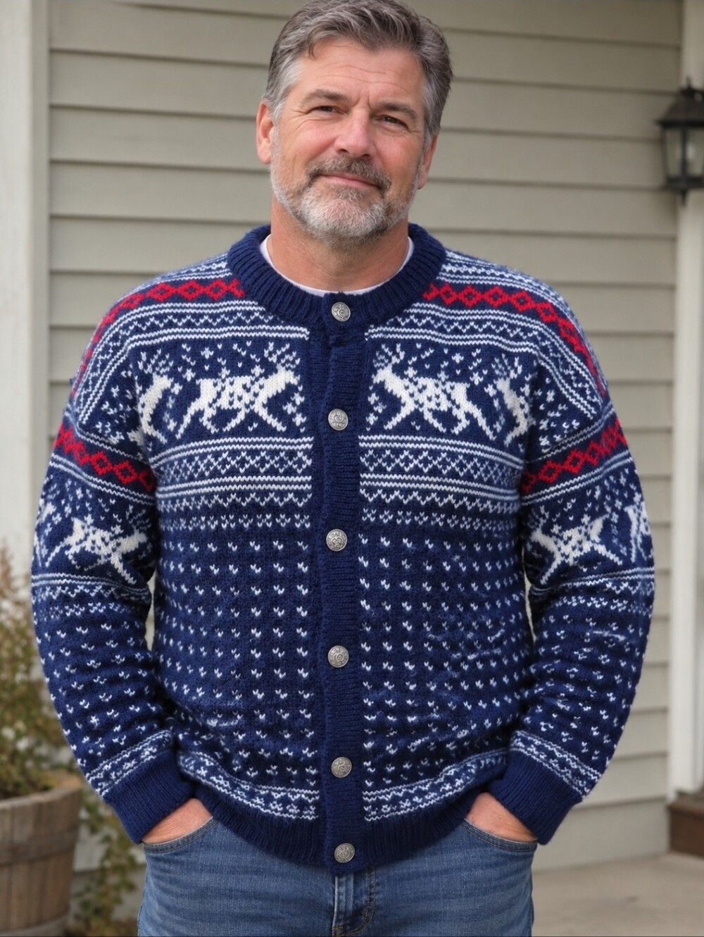 LL Bean Vintage Reindeer Cardigan Sweater Nordic Fair Isle Size Large